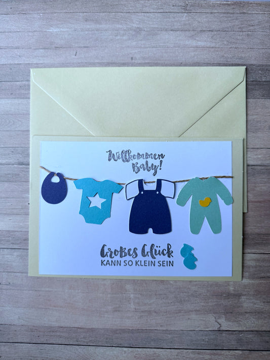 Grußkarte Geburt - Wäscheleine blau