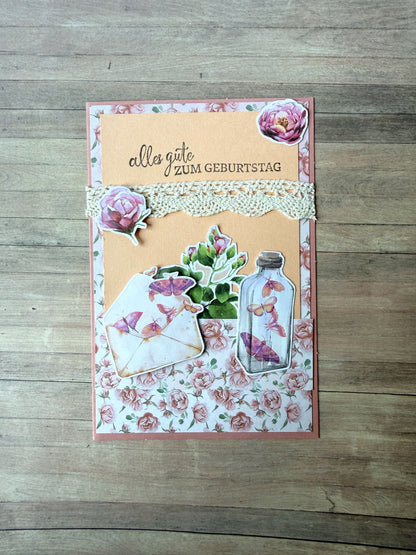Geburtstagskarte mit Blumen & Schmetterlinge