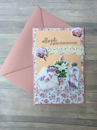 Geburtstagskarte mit Blumen & Schmetterlinge