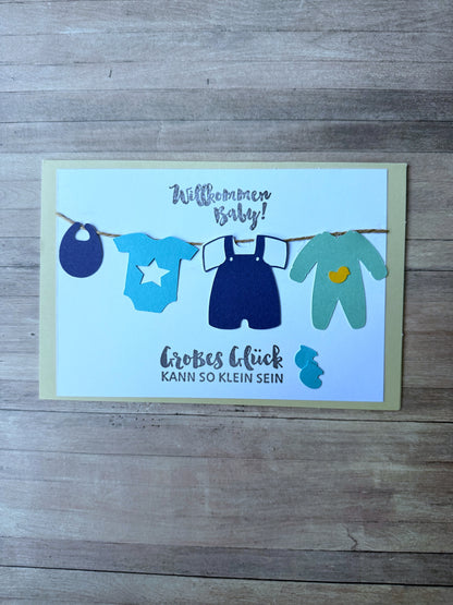 Grußkarte Geburt - Wäscheleine blau