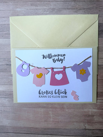 Grußkarte Geburt - Wäscheleine rosa